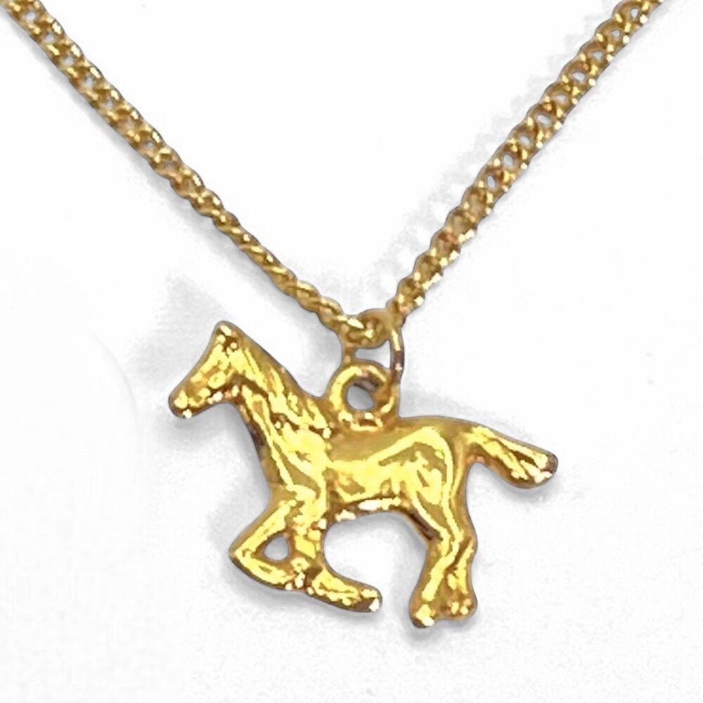 Vintage Horse Pendant Necklace Gold Tone Pony Charm Western Ranch Equestrian 16"